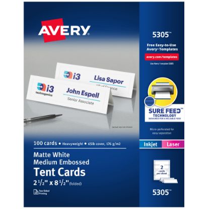 Picture of Avery Printable Tent Cards With Sure Feed Technology, 2.5in x 8.5in, White With Embossed Border, 100 Blank Place Cards