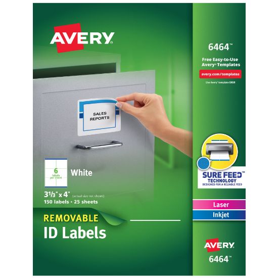 Picture of Avery Removable ID Labels With Sure Feed Technology, 6464, Rectangle, 3-1/3in x 4in, White, Pack Of 150