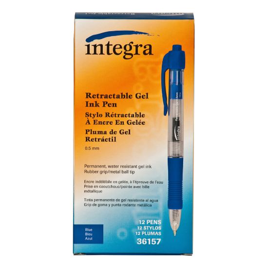 Picture of Integra Retractable Gel Pens, Fine Point, 0.5 mm, Blue Barrel, Blue Ink, Pack Of 12 Pens