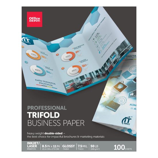 Picture of Office Depot Brand Professional Trifold Business Paper, Glossy, Double-Sided, Letter Size, White, Pack Of 100 Sheets