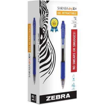 Picture of Zebra Pen SARASA X20 Retractable Gel Pens, Pack Of 12, Fine Point, 0.5 mm, Translucent Barrel, Blue Ink