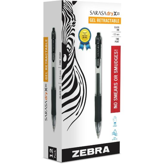 Picture of Zebra Pen SARASA X20 Retractable Gel Pens, Pack Of 12, Fine Point, 0.5 mm, Translucent Barrel, Black Ink