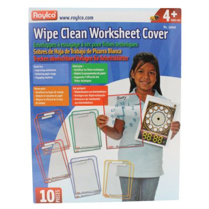 Picture of Roylco Wipe Clean Dry-Erase Worksheet Covers, 12 1/2in x 8 3/4in, Clear/Assorted Colors, Pack Of 10