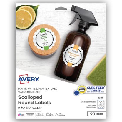 Picture of Avery Permanent Textured Labels With Sure Feed, 8218, Round Scallop, 2-1/2in Diameter, White, Pack Of 90