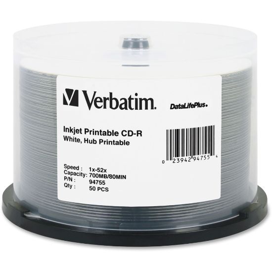 Picture of Verbatim DataLifePlus 700MB 52x Printable CD-R Discs, White, Pack Of 50 Discs, 94755