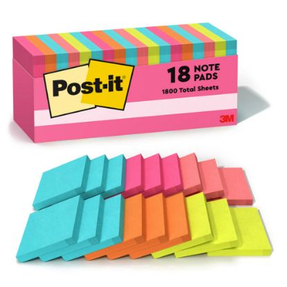 Picture of Post-it Notes, 3 in x 3 in, 18 Pads, 100 Sheets/Pad, Clean Removal, Back to School Supplies for Students, Sticky Notes for Textbooks and Notebooks, Poptimistic Collection