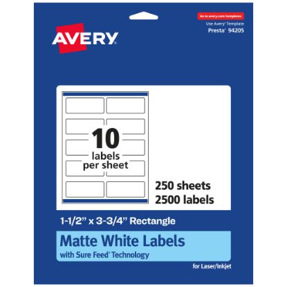 Picture of Avery Permanent Labels With Sure Feed, 94205-WMP250, Rectangle, 1-1/2in x 3-3/4in, White, Pack Of 2,500