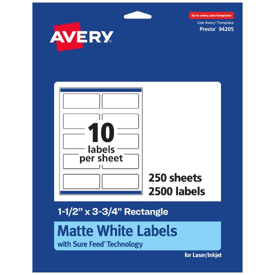 Picture of Avery Permanent Labels With Sure Feed, 94205-WMP250, Rectangle, 1-1/2in x 3-3/4in, White, Pack Of 2,500