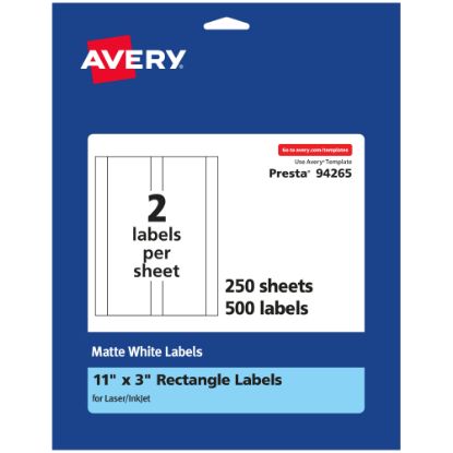 Picture of Avery Permanent Labels, 94265-WMP250, Rectangle, 11in x 3in, White, Pack Of 500