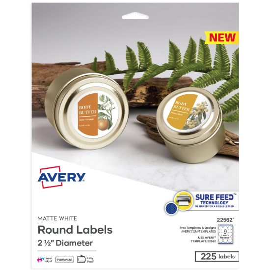 Picture of Avery Printable Labels With Sure Feed, 22562, Round, 2.5in Diameter, Matte White, 225 Customizable Labels