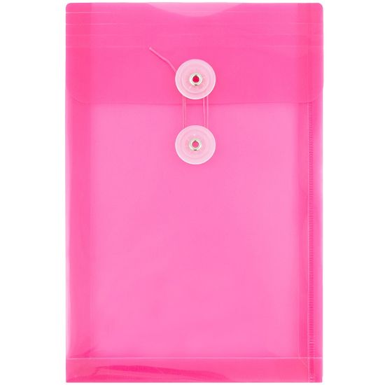 Picture of JAM Paper Open-End Plastic Envelopes, 6 1/4in x 9 1/4in, Button & String, Fuchsia Pink, Pack Of 12