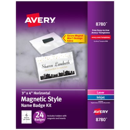 Picture of Avery Customizable Name Badges With Magnets, Rectangle, 8780, 3in x 4in, White, Pack Of 24