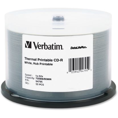 Picture of Verbatim DataLifePlus 94795 CD Recordable Media - CD-R - 52x - 700 MB - 50 Pack Spindle - White - 120mm - Single-layer Layers - Printable - Thermal Printable - 1.33 Hour Maximum Recording Time