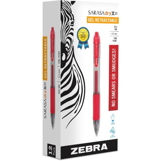 Picture of Zebra Pen SARASA X20 Retractable Gel Pens, Pack Of 12, Fine Point, 0.5 mm, Transparent Red Barrel, Red Ink