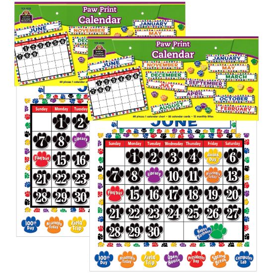 Picture of Teacher Created Resources School Calendar Bulletin Board Sets, 24in x 18in, Colorful Paw Prints, Pack Of 2 Sets