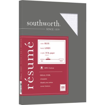 Picture of Southworth 100% Cotton Resume Paper, 8 1/2in x 11in, 32 Lb, 100% Recycled, Blue, Pack Of 100