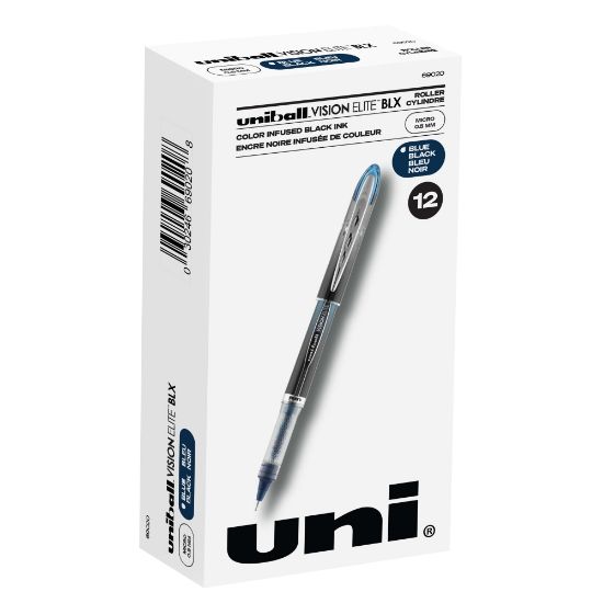 Picture of uni-ball Vision Elite BLX Infusion Liquid Ink Rollerball Pens, Micro Point, 0.5 mm, Black Barrel, Black/Blue Ink, Pack Of 12