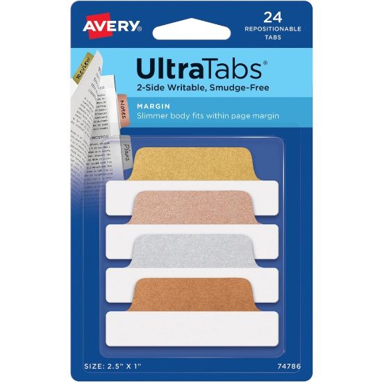 Picture of Avery UltraTabs Repositionable Margin Tabs - Write-on Tab(s) - 1in Tab Height x 2.50in Tab Width - Gold, Silver, Rose Gold, Copper Tab(s) - 24 / Pack