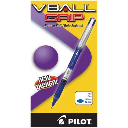 Picture of Pilot V-Ball Grip Liquid Ink Rollerball Pens, Fine Point, 0.7 mm, Metallic Silver Gray Barrel, Blue Ink, Pack Of 12 Pens