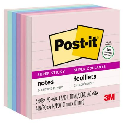 Picture of Post-it Recycled Super Sticky Notes, 4 in x 4 in, 6 Pads, 90 Sheets/Pad, 30% Recycled, Lined, 2x the Sticking Power, Back to School Supplies for Students, Sticky Notes for Textbooks and Notebooks, Wanderlust Pastels Collection