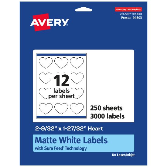 Picture of Avery Permanent Labels With Sure Feed, 94603-WMP250, Heart, 2-9/32in x 1-27/32in, White, Pack Of 3,000