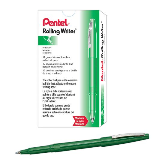 Picture of Pentel Rolling Writer Pens, Medium Point, 0.8 mm, Green Barrel, Green Ink, Pack Of 12 Pens