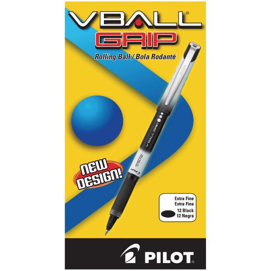 Picture of Pilot V-Ball Grip Liquid Ink Rollerball Pens, Extra Fine Point, 0.5 mm, Metallic Silver/Gray Barrel, Black Ink, Pack Of 12 Pens