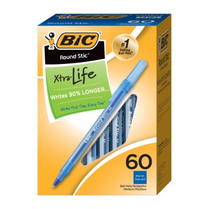 Picture of BIC Round Stic Ballpoint Pens, Medium Point, 1.0 mm, Translucent Barrel, Blue Ink, Box Of 60