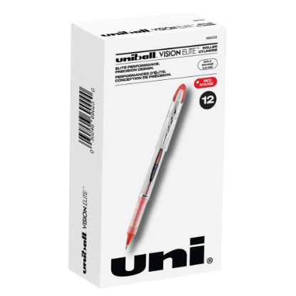 Picture of uni-ball Vision Elite Liquid Ink Rollerball Pens, Bold Point, 0.8 mm, White Barrel, Red Ink, Pack Of 12