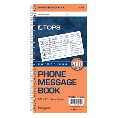 Picture of TOPS Phone Message Book, 2-Part, 11in x 5 1/2in, 4 Messages Per Page, 100 Pages (100 Sheets), White/Canary