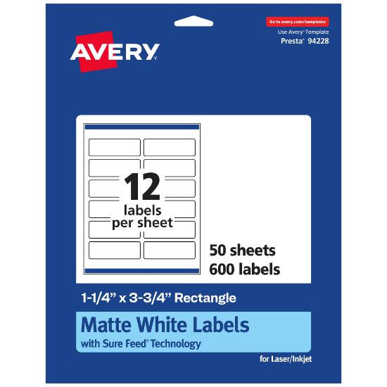 Picture of Avery Permanent Labels With Sure Feed, 94228-WMP50, Rectangle, 1-1/4in x 3-3/4in, White, Pack Of 600