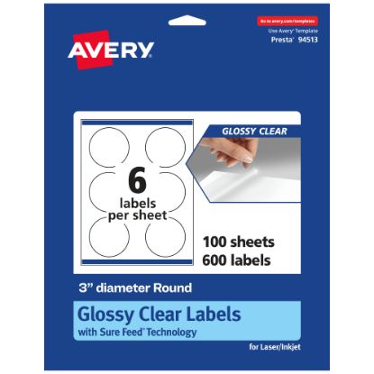 Picture of Avery Glossy Permanent Labels With Sure Feed, 94513-CGF100, Round, 3in Diameter, Clear, Pack Of 600