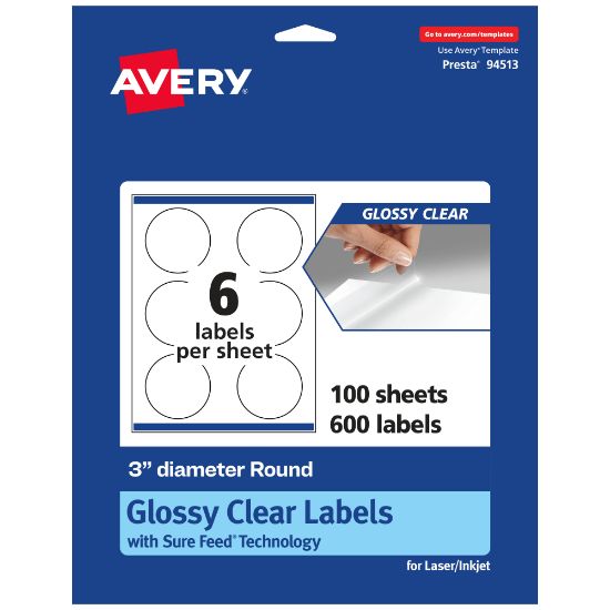 Picture of Avery Glossy Permanent Labels With Sure Feed, 94513-CGF100, Round, 3in Diameter, Clear, Pack Of 600