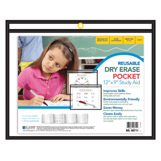 Picture of C-Line Reusable Dry-Erase Pockets, 9in x 12in, Clear/Black, Pack Of 30 Pockets