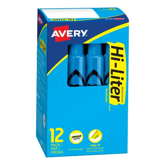 Picture of Avery Hi-Liter SmearSafe Highlighters, Chisel Tip, Desk-Style, Fluorescent Blue, Pack Of 12 Highlighters