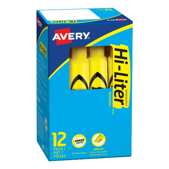 Picture of Avery Hi-Liter SmearSafe Highlighters, Chisel Tip, Desk-Style, Yellow, Pack Of 12 Highlighters