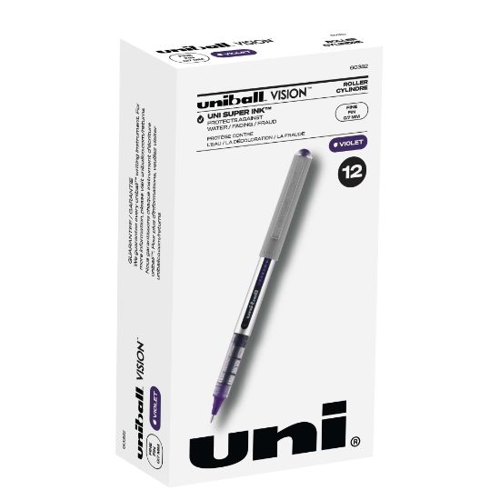 Picture of uni-ball Vision Rollerball Pens, Fine Point, 0.7 mm, Gray Barrel, Violet Ink, Pack Of 12