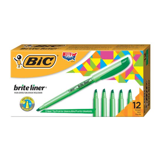 Picture of BIC Brite Liner Highlighters, Pocket Style, Chisel Tip, Green, Box Of 12