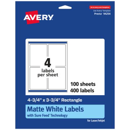 Picture of Avery Permanent Labels With Sure Feed, 94254-WMP100, Rectangle, 4-3/4in x 3-3/4in, White, Pack Of 400