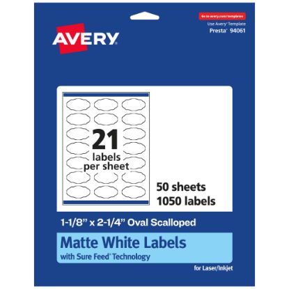 Picture of Avery Permanent Labels With Sure Feed, 94061-WMP50, Oval Scalloped, 1-1/8in x 2-1/4in, White, Pack Of 1,050