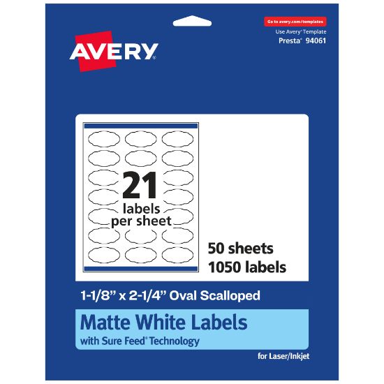 Picture of Avery Permanent Labels With Sure Feed, 94061-WMP50, Oval Scalloped, 1-1/8in x 2-1/4in, White, Pack Of 1,050