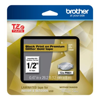 Picture of Brother TZe Premium Glitter Laminated Tape, 1/2in x 26-3/16ft, Black Ink/Gold Tape