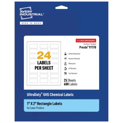 Picture of Avery Ultra Duty Permanent GHS Chemical Labels, 97178-WMU25, Rectangle, 1in x 2in, White, Pack Of 600