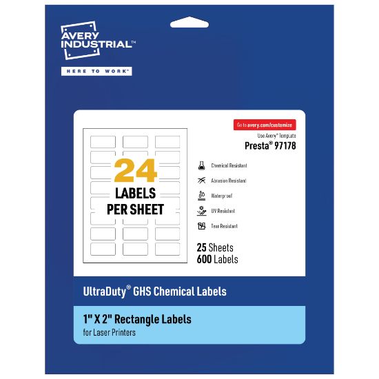 Picture of Avery Ultra Duty Permanent GHS Chemical Labels, 97178-WMU25, Rectangle, 1in x 2in, White, Pack Of 600