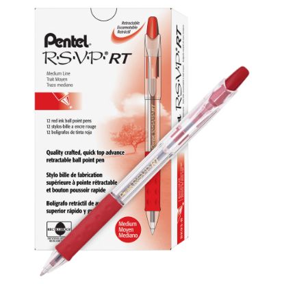 Picture of Pentel R.S.V.P. Retractable Ballpoint Pens, Medium Point, 1.0 mm, Clear Barrel, Red Ink, Pack Of 12 Pens