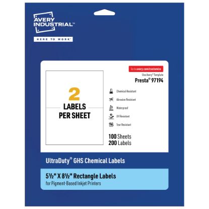 Picture of Avery Ultra Duty Permanent GHS Chemical Labels, 97194-WMUI100, Rectangle, 5-1/2in x 8-1/2in, White, Pack Of 200