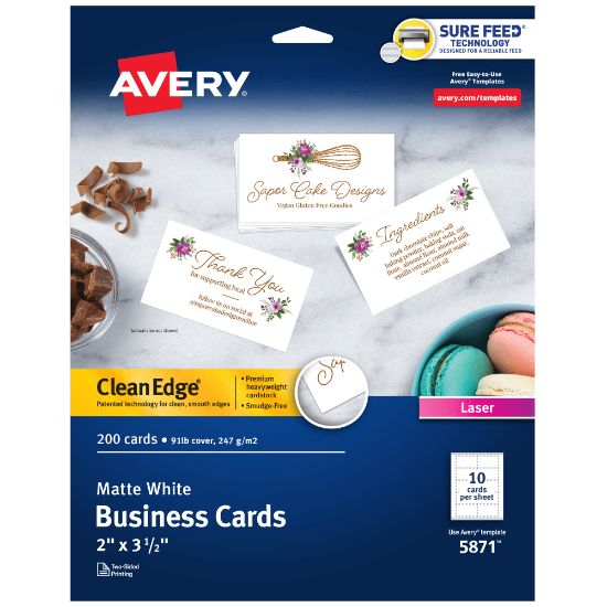 Picture of Avery Clean Edge Printable Business Cards With Sure Feed Technology for Laser Printers, 2in x 3.5in, White, 200 Blank Cards