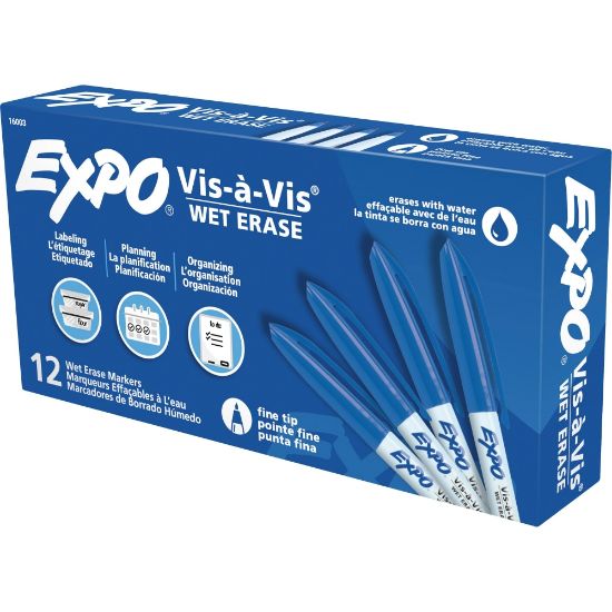 Picture of EXPO Vis-A-Vis Wet-Erase Fine-Tip Markers, Blue, Box Of 12