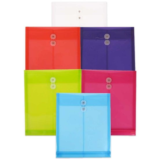 Picture of JAM Paper Plastic Open-End Envelopes, Letter, 11-3/4in x 9-3/4in, With Button & String Closure, Assorted Colors, Pack Of 6 Envelopes