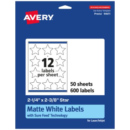 Picture of Avery Permanent Labels With Sure Feed, 94611-WMP50, Star, 2-1/4in x 2-3/8in, White, Pack Of 600